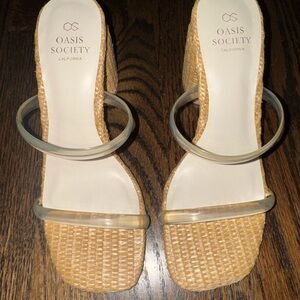 Oasis Society Tan Woven Heels with Clear Straps